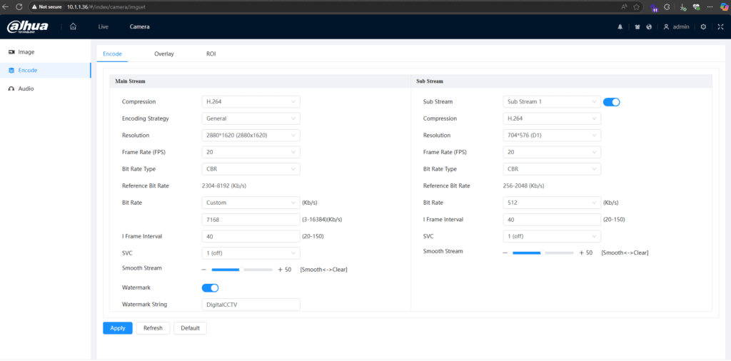 Camera RTSP Video Format settings
