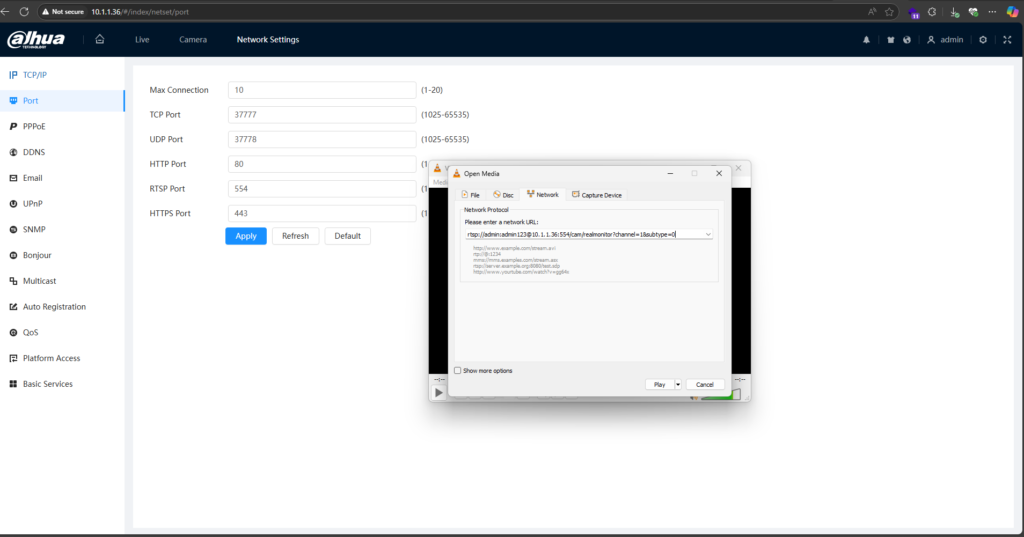 Input the RTSP Stream URL created for VLC